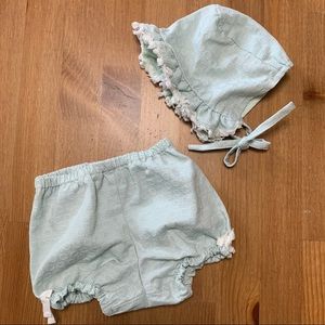 Infant Bonnet and Bloomers Pastel Mint Green Polka Dot Ruffle Brim Sz 6-9 Months